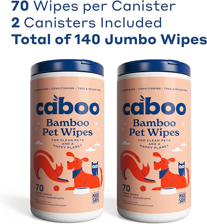 Caboo Tree Free Pet Wipes for Dogs & Cats | Natural, Earth Friendly, Deodorizing, Hypoallergenic Cleaning Wipes for Eyes, Ears, Paws, & Face (Unscented, 2 Canisters, Total of 140 Jumbo Wipes)