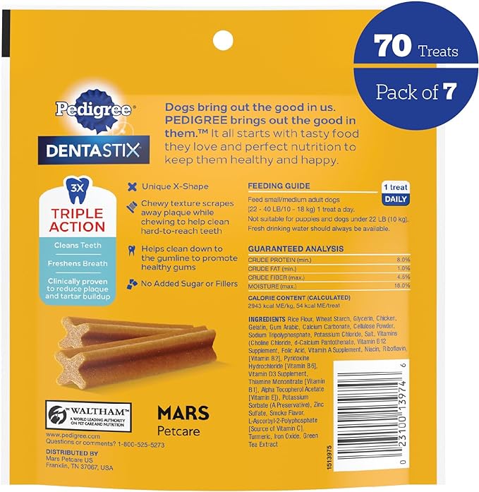 PEDIGREE DENTASTIX Small/Medium Dog Dental Treats Original Flavor Dental Bones, 5.57 Oz - 10 Count (Pack of 7)