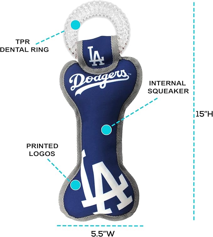 MLB Los Angeles Dodgers Bone Shaped DENTAL DOG TUG TOY with SQUEAKER. TOUGH PET TOY for Healthy Fun, Teething, and Cleaning pet's teeth and gum.
