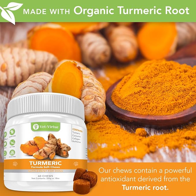 Turmeric for Dogs - Organic Turmeric with Curcumin, Hip and Joint Supplement Dogs Soft Chew, with Collagen and Bioprene, High Absorption Eliminates Joint Pain Inflammation - 60 Count