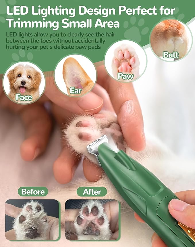 Dog Paw Trimmer with LED Light, 2 Speed Dog Clippers for Grooming Small Dogs, Rechargeable Low Noise Pet Shaver for Trimming Dogs Cats Hair Around Paws, Eyes, Ears, Face, Rump