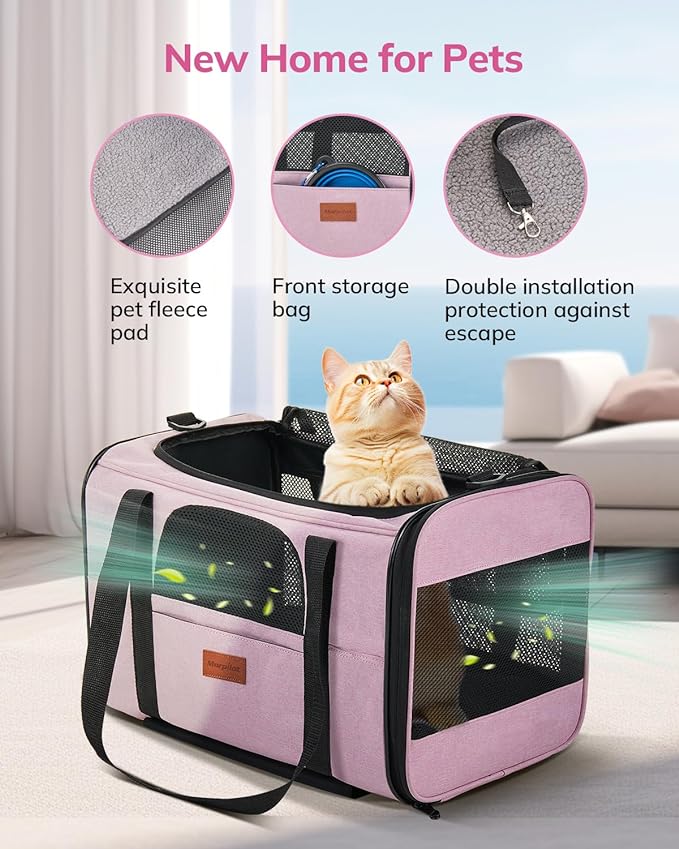 Morpilot Cat Carrier with Wheels Airline Approved, Pet Dog Carrier with Wheels for Small Dogs, Rolling Cat Carrier for Large Cats Puppy Stroller Detachable and Foldable Pet Travel Bag Pink