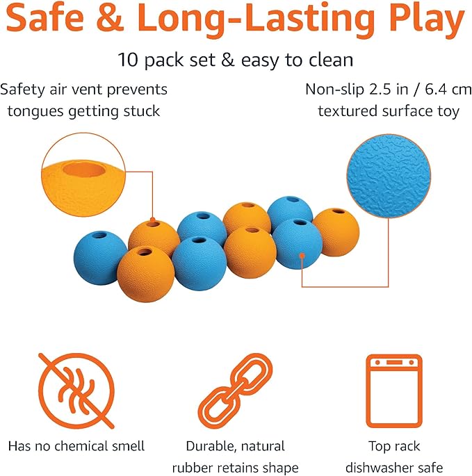 Amazon Basics Rubber Fetch Toy Dog Balls, 2.5-Inch, 10-Pack, Blue, Orange