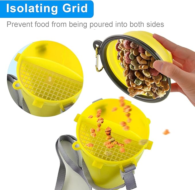 Dog Travel Water Bottle Collapsible Bowls, 2 in 1 Pet Food Container with Collapse Bowls, Outdoor Portable Water Bowls for Walking, Traveling, Camping and Hiking (Yellow)