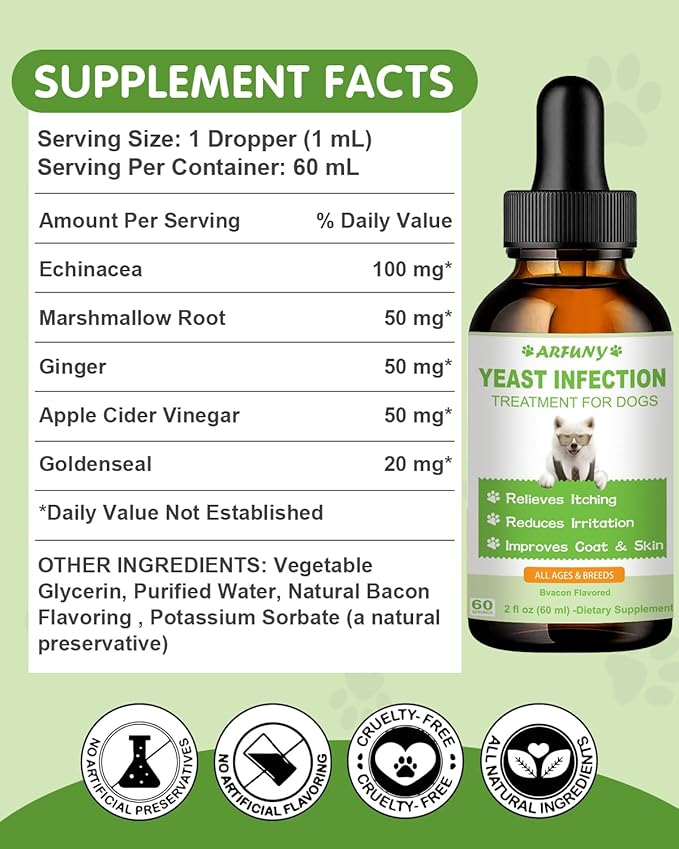 Natural Yeast Infection Treatment for Dogs | 60ML Supports Healthy Itch Relief | Dog Yeast Ear Infection Treatment | Dog Inflammation Relief, Allergy Relief & Skin Itch Relief | 2 fl oz, Bacon Flavor