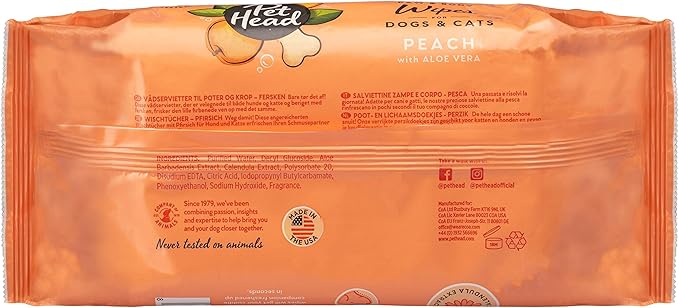 PET HEAD Quick Fix Cleaning Wipes for Dogs and Cats, Pack of 80 - Peach Scent with Aloe Vera. Biodegradable Wipes for Paws and Body. Natural and Vegan Ingredients. Made in USA