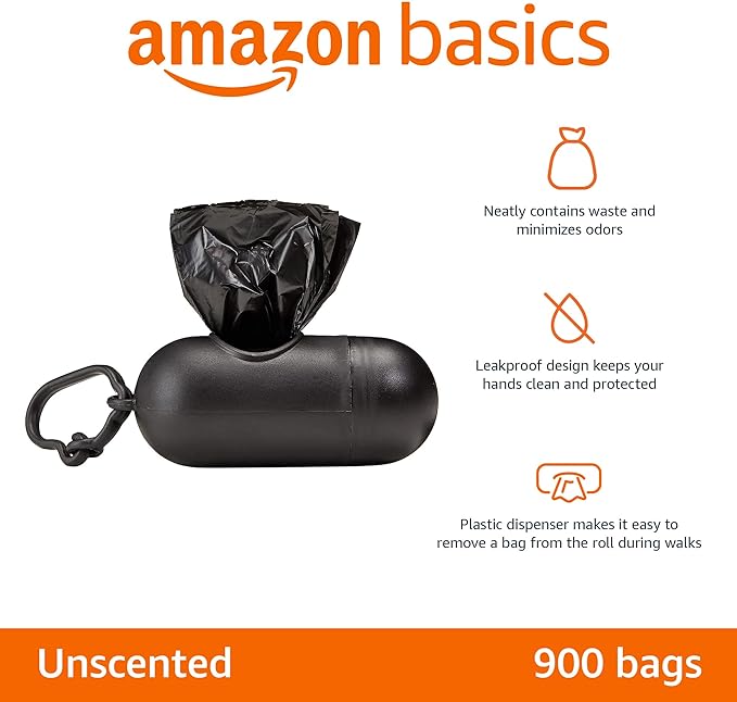 Amazon Basics Dog Poop Leak Proof Bags with Dispenser and Leash Clip, Unscented, 900 Count, 60 Pack of 15, Black, 13 Inch x 9 Inch