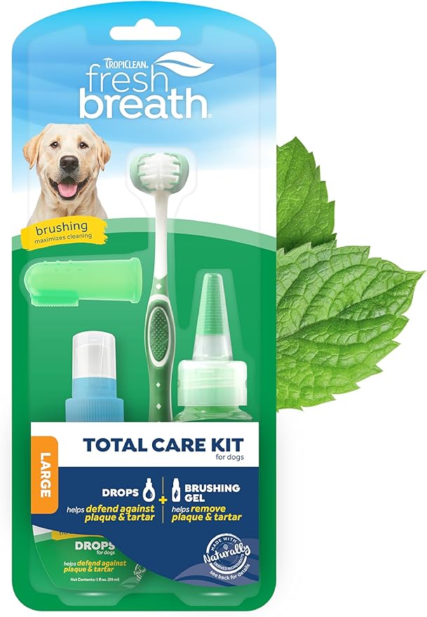 TropiClean Fresh Breath Dog Oral Care Kit for Large Dogs | Total Care System for Plaque & Tartar Control | Dog Tooth Brushing Kit for Large Dogs