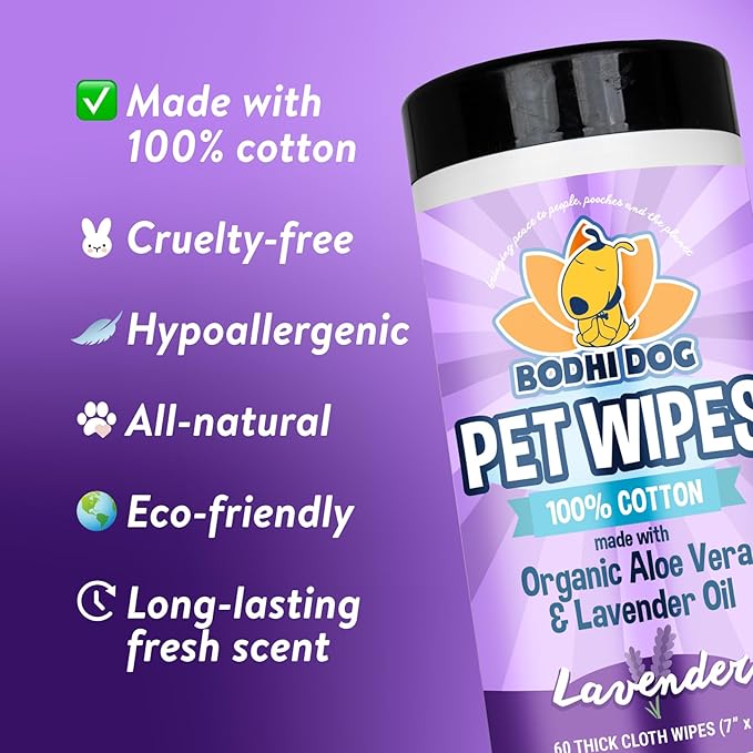 Bodhi Dog Pet Wipes | Wipes for Dog Grooming | Wipe Away Pet Odors & Deodorizes Coat | No Parabens or SLS | Large Wet & Thick Pet Wipes | Best for Cleaning Dogs and Cats (Lavender, 60CT)