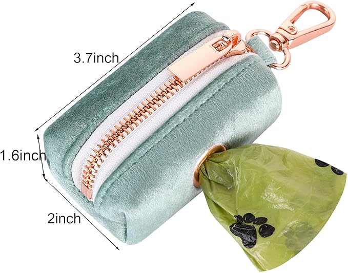 ARING PET Dog Waste Bag Dispenser, Velvet Green Doggy Poop Bags Holders Attach to Any Leashes, Portable Washable Pet Waste Pouch Dispenser with Metal Zipper
