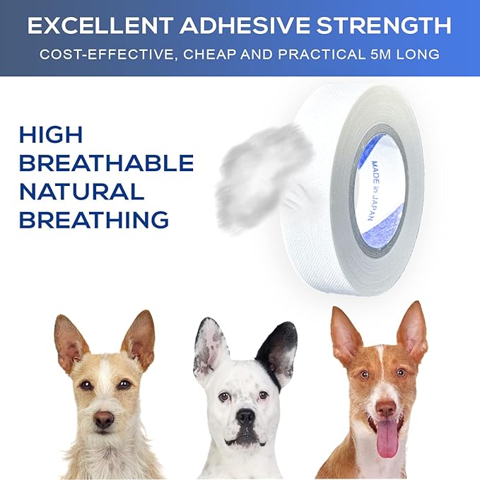 Ear Tape for Dogs 5 Pack with Dog Ear Cleaner Cotton Swabs, Self Adhesive Cotton Tape for Dog Ear Protection and Support, Ear Care Set for Dogs (Tape Width_0.5 inch(12mm))