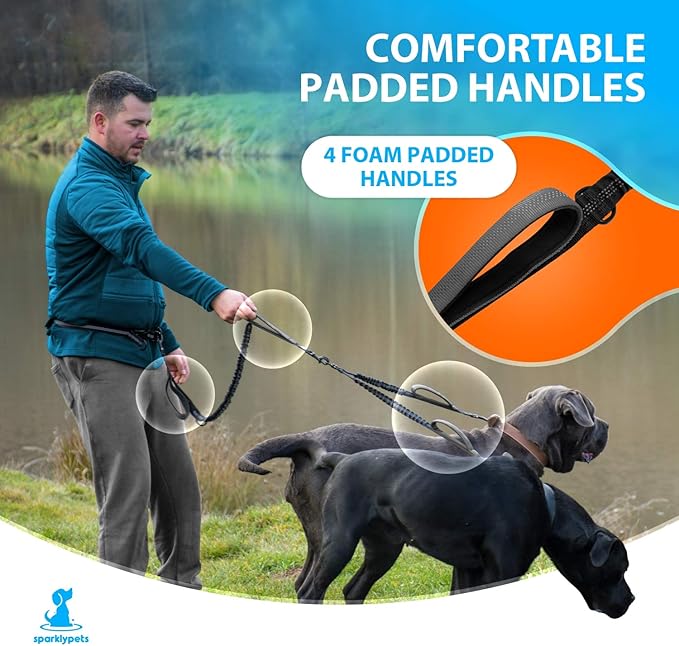 SparklyPets Hands Free Double Dog Leash – Dual Dog Leash for Medium and Large Dogs – Dog Leash for 2 Dogs with Padded Handles, Reflective Stitches, No Pull, Tangle Free Gray
