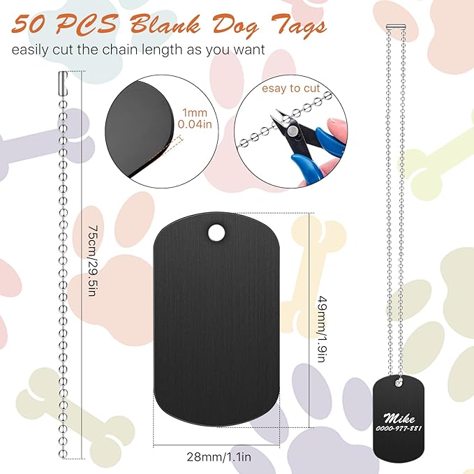 100Pcs Military Dog Tags Set, 50Pcs Personalized Engraved Aluminum Blank Dog Tags and 50Pcs Iron Necklace Chain, Blank Dog Tags for Engraving, Dog Tags for Men, Black