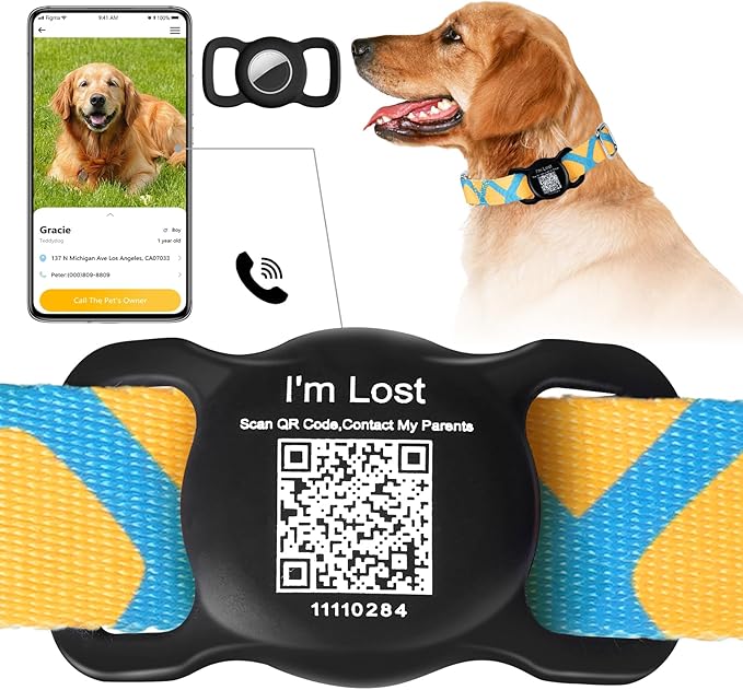 Dog Airtag Holder with QR Code Pet ID Tags,Airtag Dog Collar Holder Dog Tags Personalized Pet Online Profile for Pet Collar,Cat Dog Collar Airtag Holder Cat Dog Name Tag for Pets (Black)