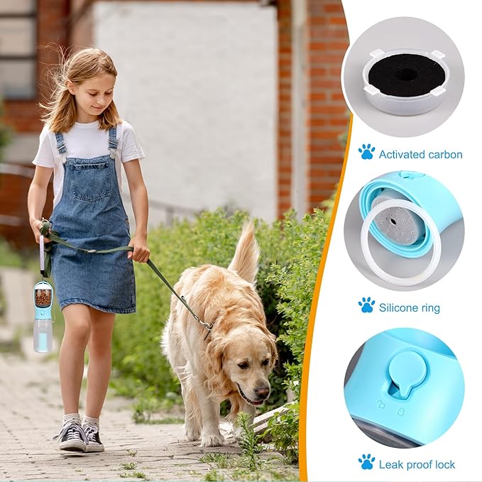 3 in1 Dog Outdoor Water Bottle,Portable Pet Water Bottle with Food Container, Leak Proof Dog Travel Water Bottle,Dog Poop Bags,Dog Water Dispenser for Outdoor Walking,Hiking,Travel.