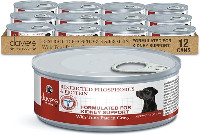 Dave's Pet Food Kidney Support for Dogs with Renal Support (Tuna Pate), Wet Renal Dog Food, Non-Prescription Low Phosphorus, Added Vitamins & Minerals, Vet Formulated (5.5 oz, Pack of 12)