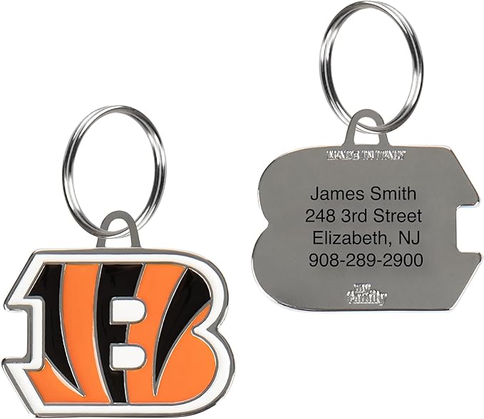 NFL Cincinnati Bengals Engraving Pet ID Tags in 32 Team Logo Shapes Personalized Dog Tags and Cat Tags with 3 Lines of Customizable Text for Tracking & Safety. Stainless Steel Pet ID Tracking Tags