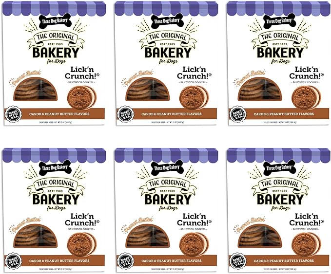 Three Dog Bakery Lick'n Crunch Baked Dog Treats, Carob and Peanut Butter Flavor, 13 Ounce Box, 6-Pack (114059)