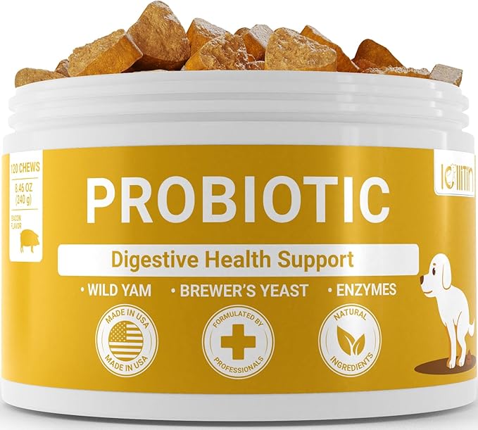 Probiotics for Dogs - Support Gut & Digestive Health, Immune Support - All Nautral Prebiotics, Fiber, Enzymes for Gut Flora - Diarrhea & Bowel Support - Bacon Flavor, 120 Chews, by Lollitin