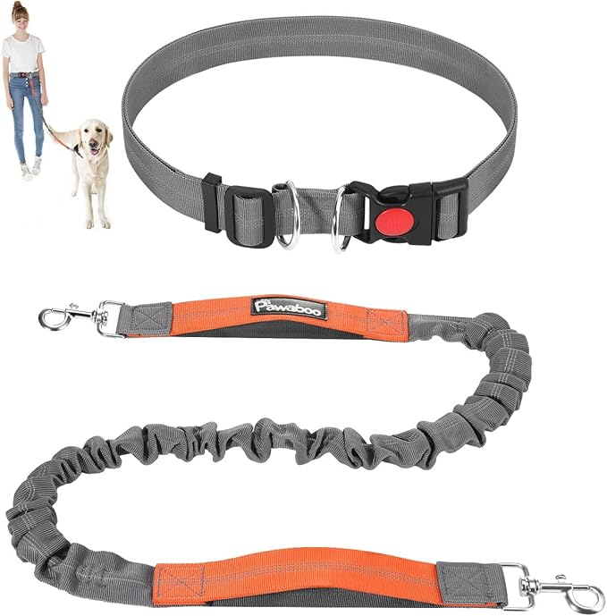 Pawaboo Hands-Free Dog Leash with Waist Belt, Elastic Dog Waist Leash with Wider Belt, Reflective Dog Running Belt Absorbing Shock, Durable Padded Handle Bungee Leash for Dogs (25-150 lbs, Grey)