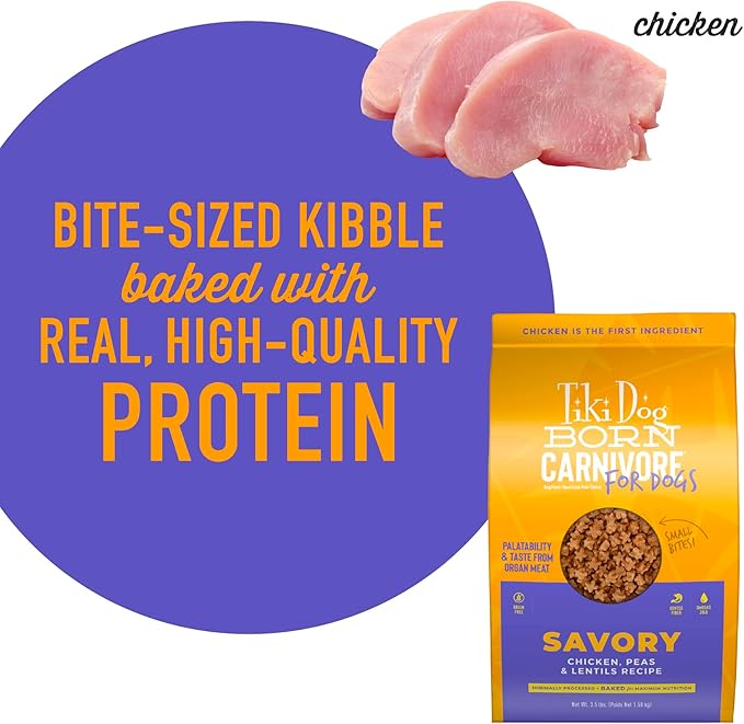 Tiki Dog Born Carnivore for Dogs, Savory Chicken, Peas & Lentils Recipe, Grain Free Baked Kibble for Maximum Nutrition, For Adult Dogs and All Size Breed Dogs, 3.5 lbs. Bag