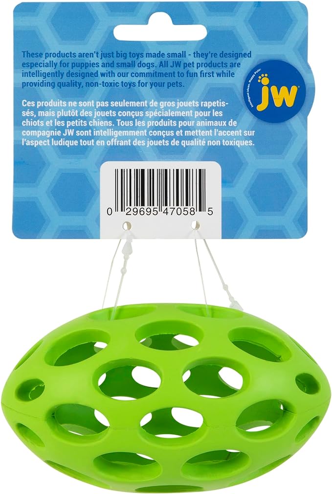 JW Pet Hol-ee Football Dog Toy Puzzle Ball, Natural Rubber, Small (5 Inch Length), Colors May Vary.