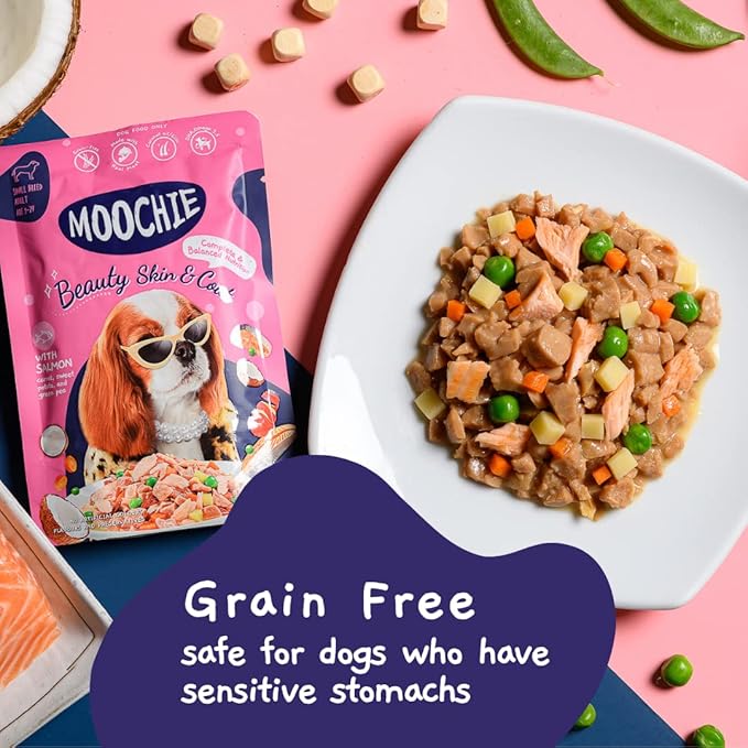 MOOCHIE Grain Free Wet Dog Food for Small Dogs - Skin and Coat - Made with Salmon, Chicken, Beef and Vegetables - No Added Preservatives or Artifical Flavoring - 12 x 3 oz Pouch