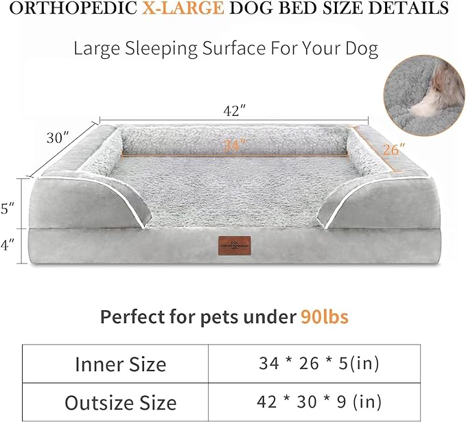 Memory Foam Cooling Dog Bed, Orthopedic Dog Beds for Extra Large Dogs, XL Dog Bed with Removable Cover, Waterproof Pet Bed Large with Bolster(X-large,Light Grey)