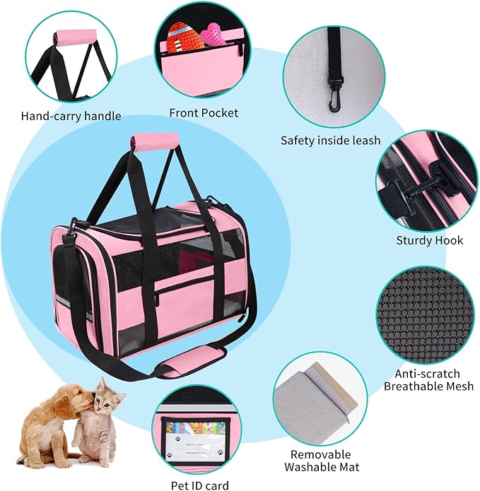 Cat Carrier Pet Carrier Airline Approved for Small Dogs Medium Cats Puppies 15 Lbs Dog Carrier with Reflective Strip, Collapsible Soft Sided Dog Travel Carriers - Pink