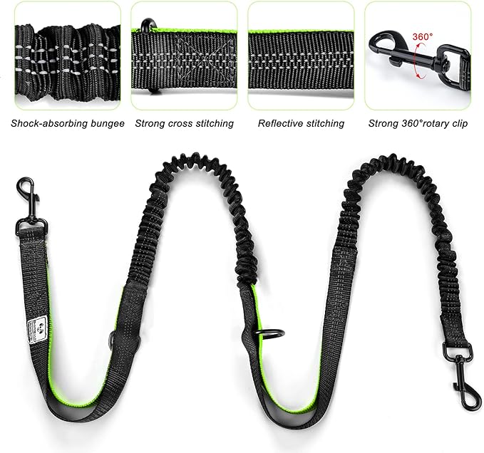 SHINE HAI Retractable Hands Free Dog Leash with Dual Bungees for 2 Dogs, Adjustable Waist Belt, Reflective Stitching Leash for Running Walking Hiking Jogging Biking Black - Green