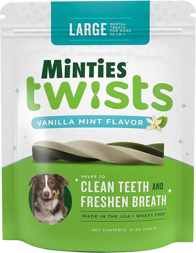 Minties Dental Twists for Dogs, Vet-Recommended Vanilla-Flavored Dental Chews, Dental Treats Clean Teeth, Fight Bad Breath and Removes Plaque and Tartar, Green, 12 Ounce (Pack of 1)