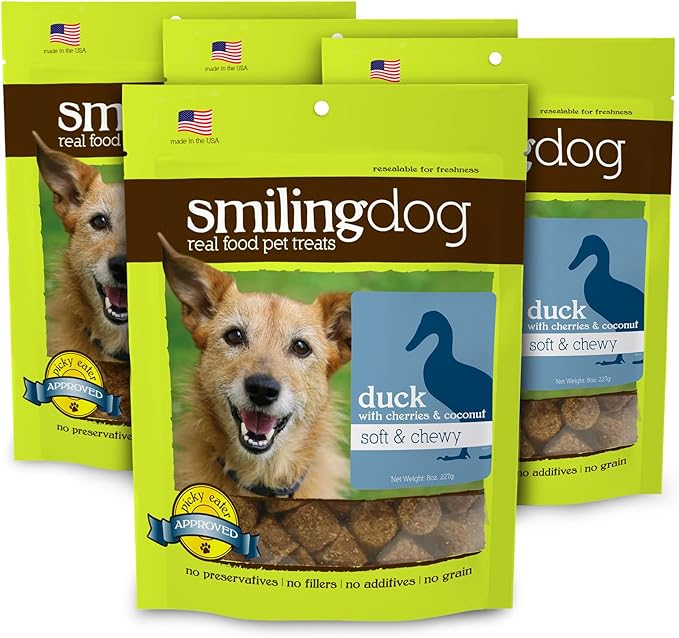 Herbsmith Smiling Dog Treats - Soft and Chewy Dog Treats for Senior Dogs – Dog Training Treats - Soft Duck Dog Treats with Cherries & Coconut - Bundle of 4