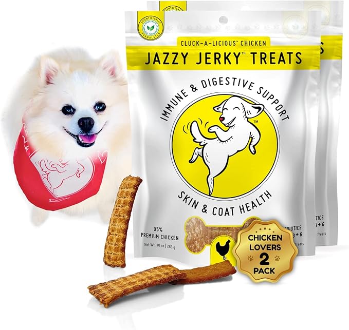 Jazzy Jerky Treats for Dogs 2-Pack, Natural 95% Chicken Jerky Treats, Healthy Dog Treats Made in USA, Gut & Immune Health, Skin & Coat, Small-Large Dogs, (Two 10 oz. bags)