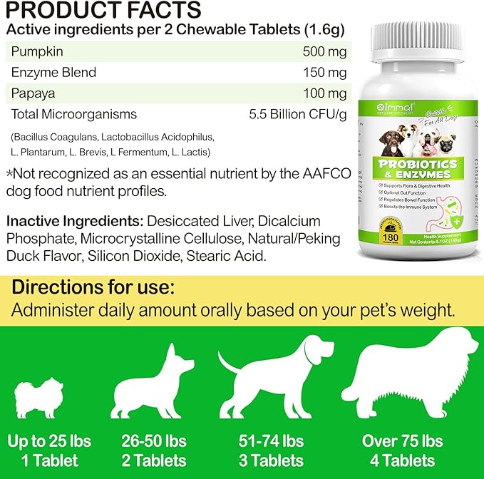 Probiotics for Dogs, 180 Tablets Dog Probiotic for Gut Health with Enzyme Blends & Prebiotic, Pet Health Supplement Probiotic Supports Digestive Health, Immune System Booster - Peking Duck Flavour
