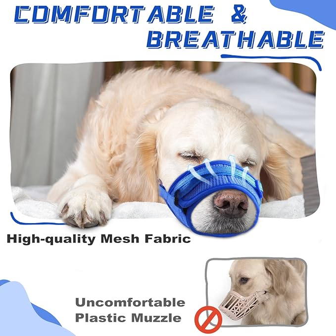 Dog Muzzle Soft Air Mesh Muzzle for Large Dogs, Adjustable Pet Muzzle for Small Medium Dogs to Drink Normally, Breathable Reflective Muzzle for Dogs to Prevent Biting Barking(Blue,L-7)