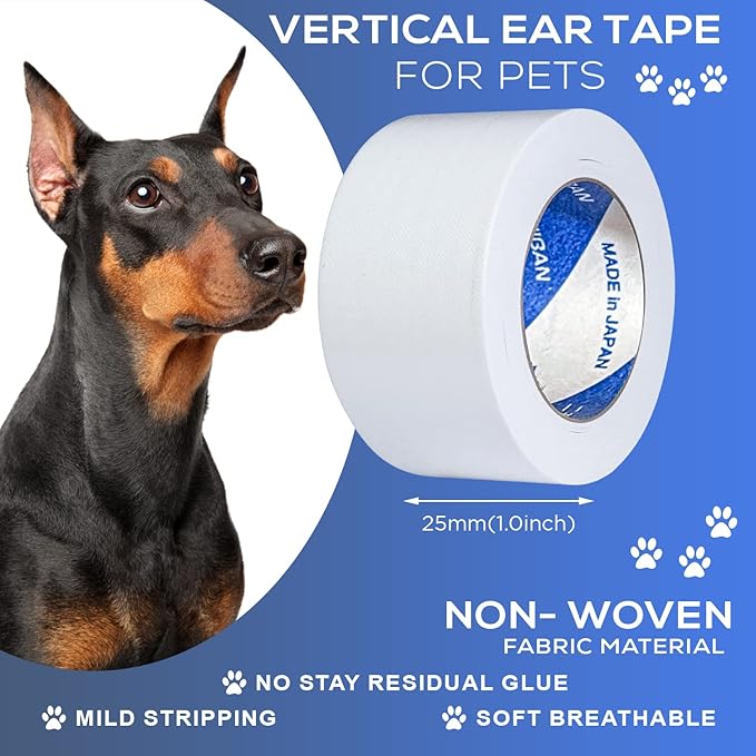 Ear Tape for Dogs 2 Pack with Dog Ear Cleaner Cotton Swabs, Self Adhesive Cotton Tape for Dog Ear Protection and Support, Ear Care Set for Dogs (Tape Width_1 inch(25mm))