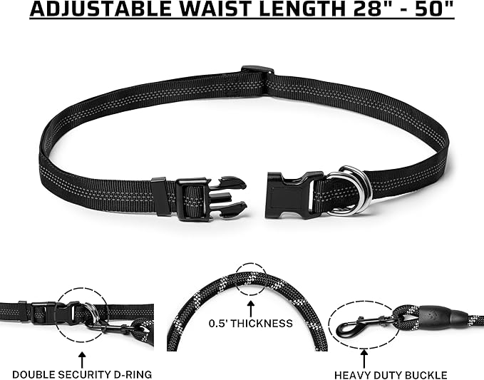 5ft Hands Free Dog Leash, Waist Dog Leash, Heavy Duty Belt Dog Leashes with Zipper Pouch, and Highly Reflective Threads for Walking, Jogging, and Running with Your Dog