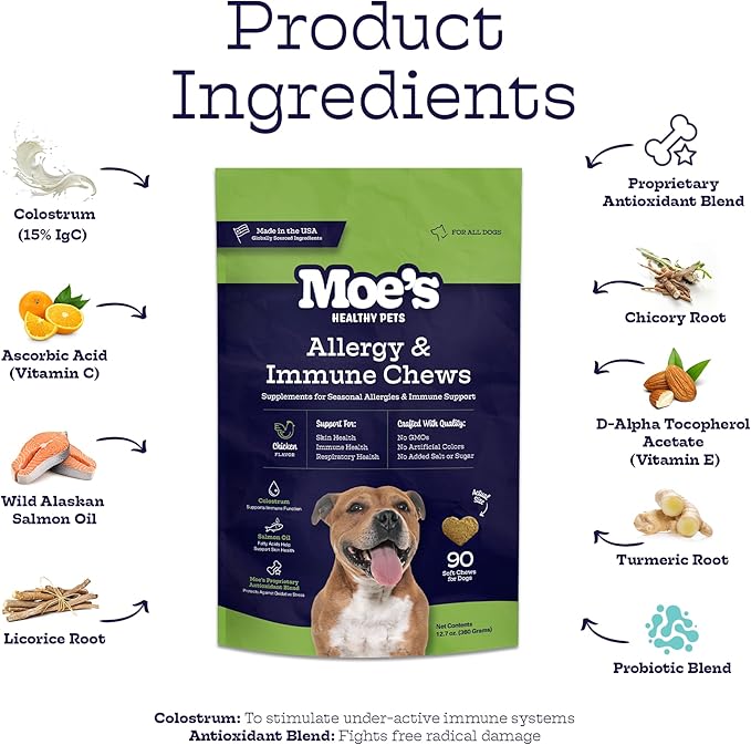 Moe’s Allergy and Immune Support for Dogs-Supports Anti-Itch, Seasonal Allergies & Immunity-Omega 3 Wild Alaskan Salmon Fish Oil - Dog Allergy Treatment, Skin Health- Made in USA- 90 Chews (Chicken)