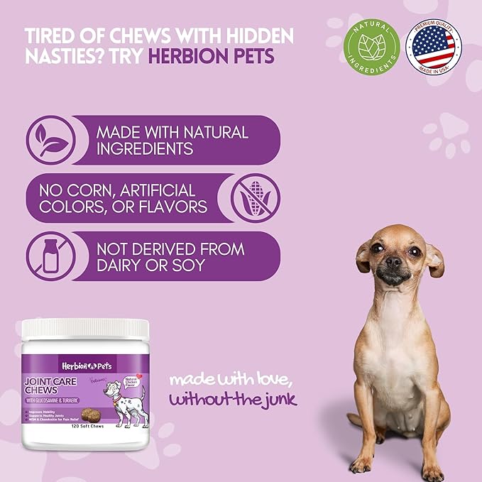 Herbion Pets Joint Care Chews with Glucosamine & Turmeric, 120 Soft Chews - MSM & Chondroitin for Pain Relief - Improves Mobility - Supports Healthy Joints - Made in The USA - for Dogs 12 Weeks+