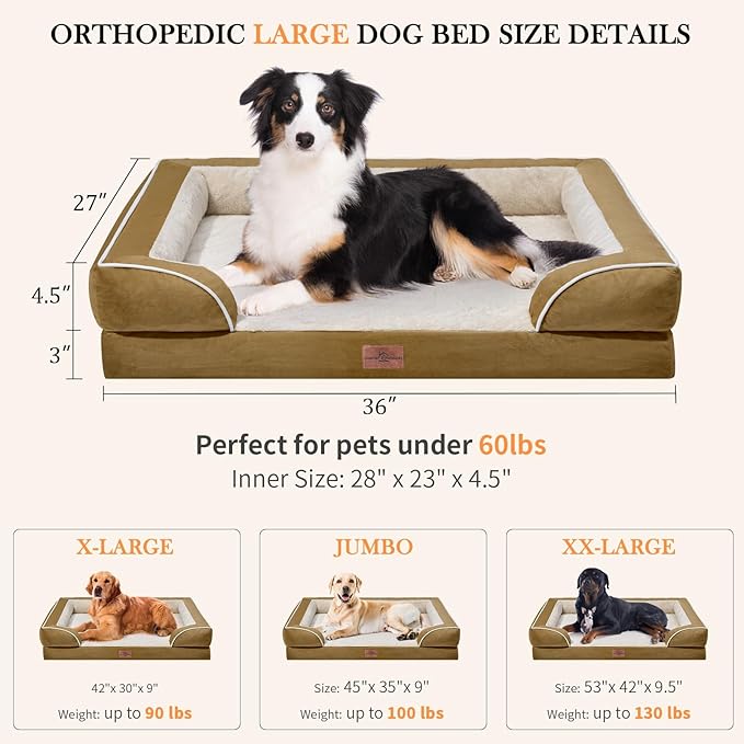 Large Dog Beds Waterproof, Orthopedic Dog Beds for Large Sized Dogs, Comfy Pet Bed Sofa with Washable Removable Cover & Non-Slip Bottom(Large,Khaki)
