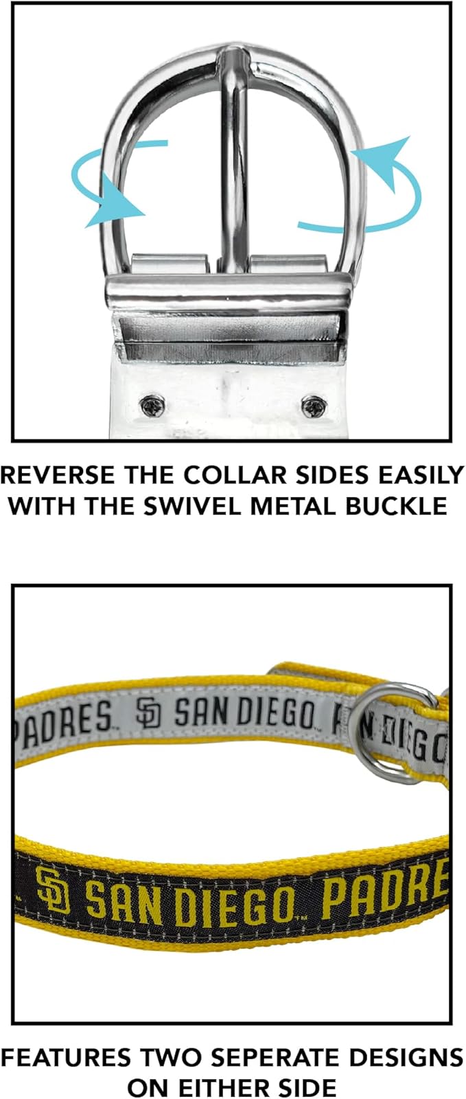 Pets First SAN Diego Padres Reversible MLB Dog Collar Medium. Premium Home & Away Two-Sided Pet Collar Metal Buckle MLB Baseball Team Unique Design on Each Side! Dogs & Cats (PAD-3280-MD)