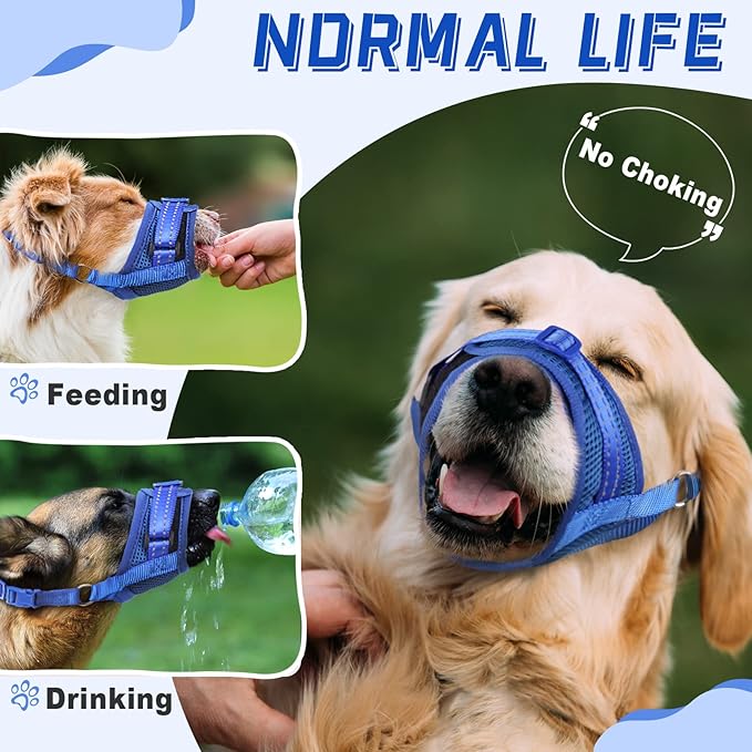 Dog Muzzle Soft Air Mesh Muzzle for Large Dogs, Adjustable Pet Muzzle for Small Medium Dogs to Drink Normally, Breathable Reflective Muzzle for Dogs to Prevent Biting Barking(Blue,L-7)