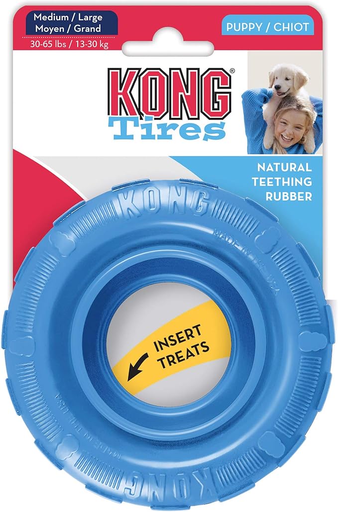 KONG Puppy Tires - Dog Chew Toy for Puppies - Stuffable Dog Toy for Treats & Snacks - Natural Rubber Chew Toy for Teething Puppy - for Medium/Large Puppies - Assorted Colors