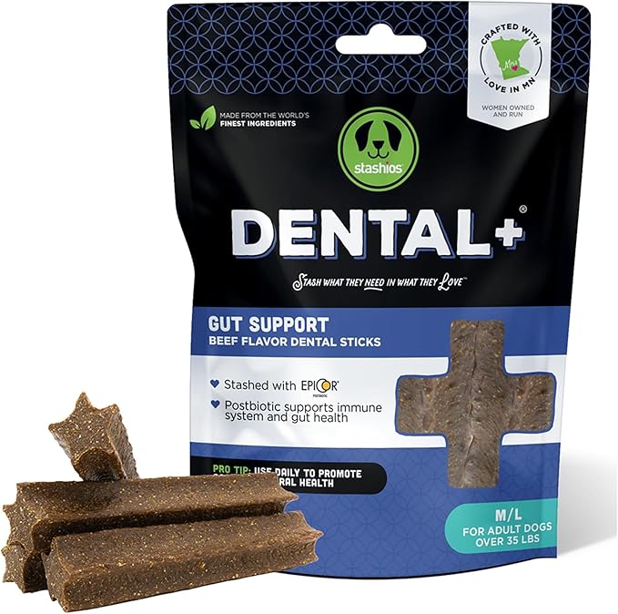 Dental+ Sticks for Dogs Over 35 lbs- Gut Support, with Beef Bone Broth, All Natural, EpiCor postbiotic, Made in The USA, Dental+ Bag, M/L - 11.3 oz.