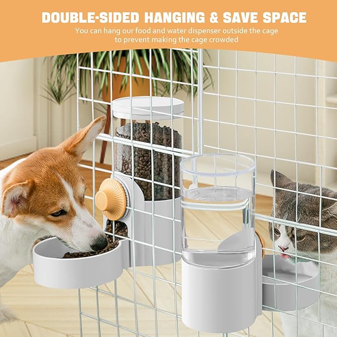 Hanging Cage Automatic Small Pet Food Bowl Water Bottle Dispenser, 1L Auto Gravity Pet Feeder and Waterer Set Kennel Feeding Station Crate Feeder Dish for Puppy Cats Rabbit Ferret (White)