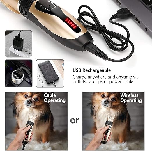 Dog Clippers, USB Rechargeable Cordless Dog Grooming Kit, Electric Pets Hair Trimmers Shaver Shears for Dogs and Cats, Quiet, Washable, with LED Display (yellow)