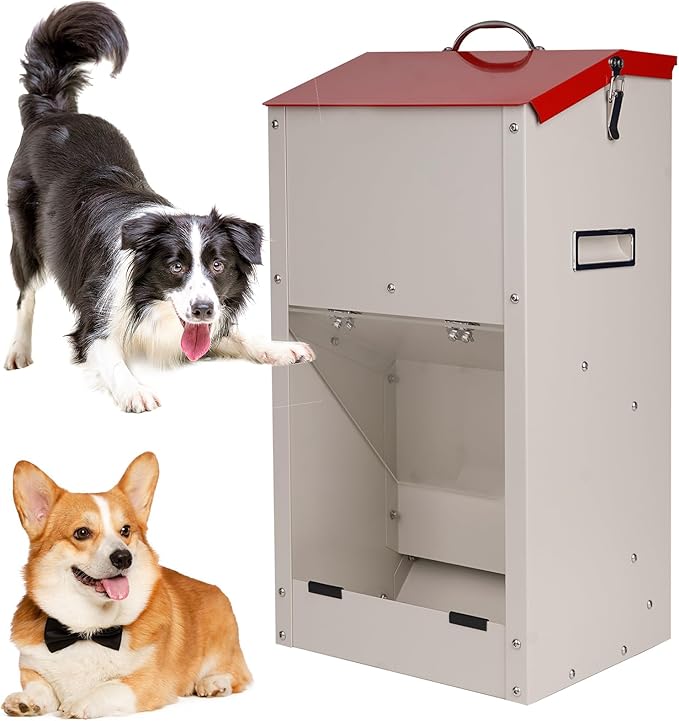 Large Automatic Dog Feeder with Handle, 25 Lbs Indoor and Outdoor Automatic Dog Food Dispenser Container Large Breed 11.5'' L X 9.8'' W X 23'' H Hanging Dog Auto Feeder for Large Dogs