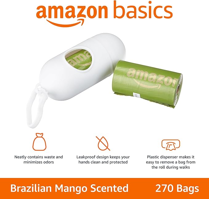 Amazon Basics Dog Poop Bags With Dispenser and Leash Clip, Brazilian Mango Scented, 270 Count, 18 Pack of 15, 13 Inch x 9 Inch