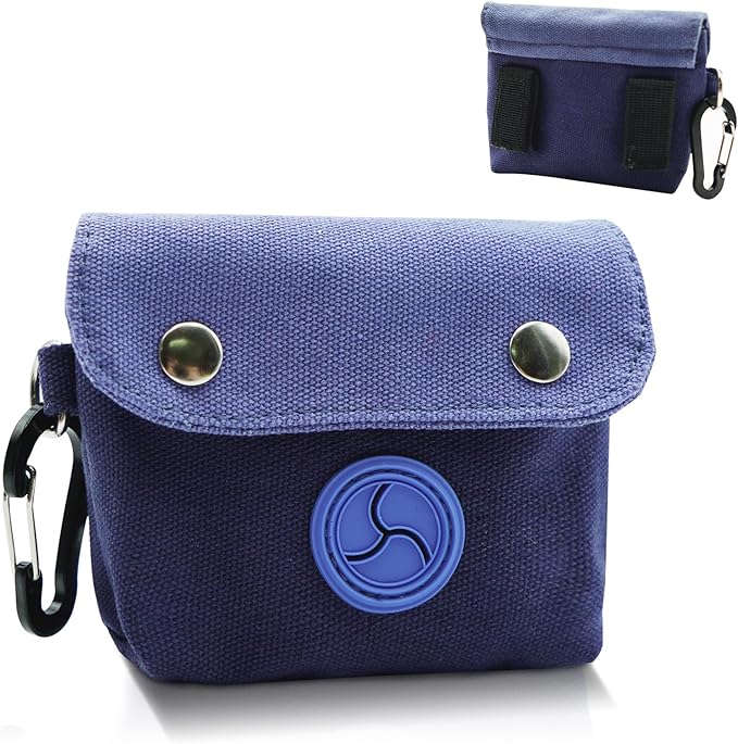 Dog Poop Bag Holder, Portable Dog Poop Bag Dispenser with 1 Metal Clip, Blue Button Canvas Poop Pag Polders for Leashes