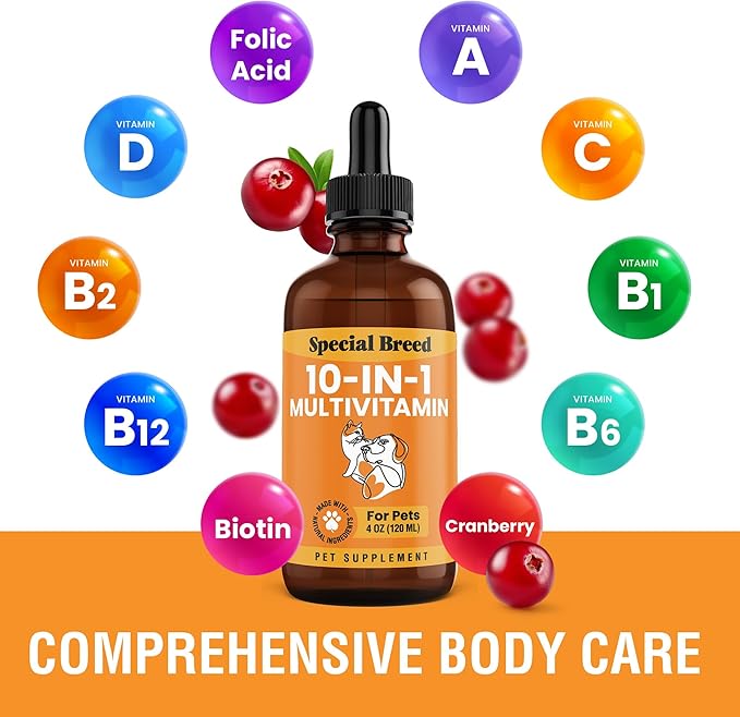 10-in-1 Liquid Multivitamin for Dogs and Cats, 4 Ounce Multi Vitamin Supplement, Vitamin for Dogs, Vitamins for Cats, with Glucosamine & Cranberry, 4 oz